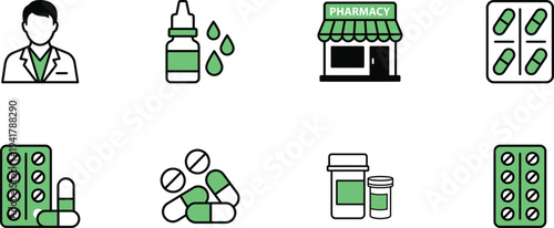 Pharmacy medical icons healthcare medicine wellness symbols vector collection