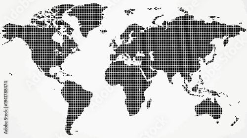 Digital Grid World Map Silhouette, Pixelated Map of Earth on White Background for Global Business, Technology, and International Logistics