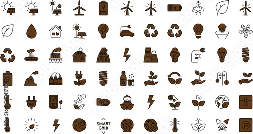 Renewable energy and environmental sustainability icon set with solar panels wind turbines recycling electric power ecology symbols