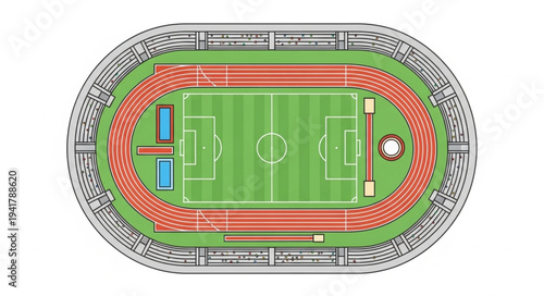 Overhead View of a Stadium with Track and Field.