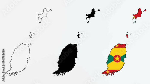 Grenada Map Set - Outline, Black Silhouette, and Flag Patterned Maps of Grenada - Vector Illustration Isolated on White Background