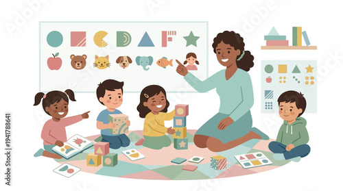 Teacher educating children in a classroom setting with educational materials and illustrations for learning and development