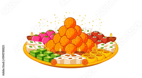 Vibrant Diwali sweets and diyas on a decorative platter