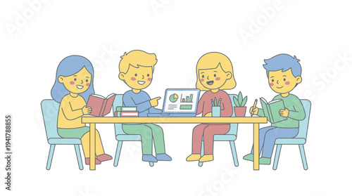 Students engaged in education at a table with digital devices and documents