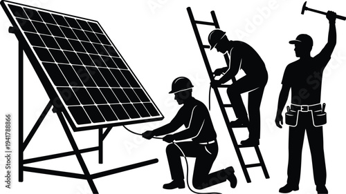 Solar panel installation workers renewable energy technicians illustration