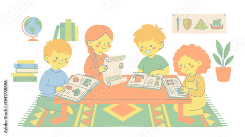 Children engaging in collaborative education around a table with books and learning materials in a cozy environment