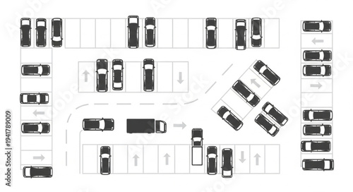 Overhead View of a Parking Lot with Cars and a Truck.
