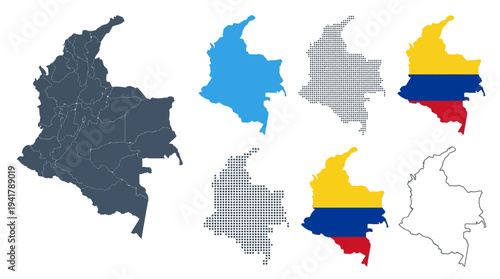 Colombia Map Set with Administrative Borders, National Flag Colors, Dotted Pattern, and Outline Styles - Collection of Vector Illustration Maps for Infographics