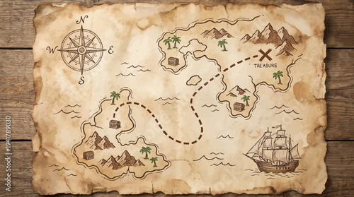 Vintage Pirate Treasure Map on Old Parchment with Sailing Ship and Compass Rose
