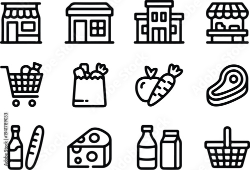 Minimalist vector illustration of grocery items and store icons representing shopping and essential food products collection