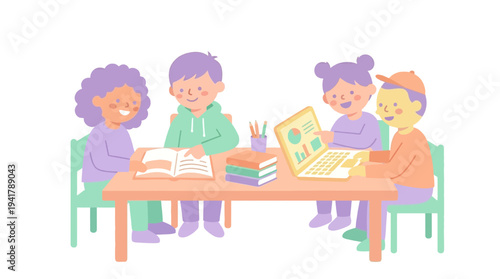 Students engaged in education at a table with books and illustrations in a classroom setting