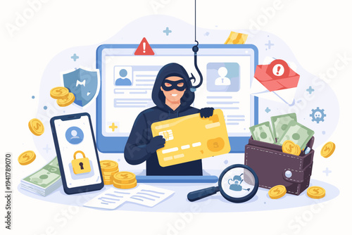 Identity Theft and Financial Fraud Concept Illustration with a Hacker Stealing Credit Card Data, Phishing Hook, Wallet with Money, and Secure Smartphone. Flat Vector for Cybersecurity Awareness.