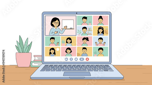 Online education scene with students and teacher interacting on a laptop screen with a plant nearby