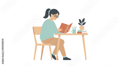 Young woman engaged in education sitting at desk with laptop and books in a calm environment