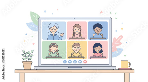 Students attending online education class on laptop with diverse participants and virtual meeting interface