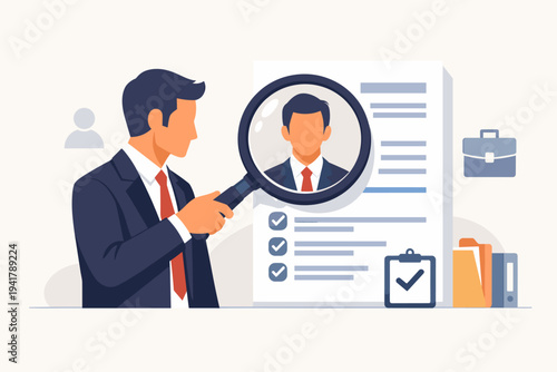 Businessman in a suit using a magnifying glass to review a candidate's CV or resume for a job opening, concept of hiring, recruitment process, human resources selection, and professional career.