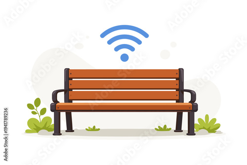Flat vector illustration of a wooden city park bench with a blue Wi-Fi symbol above it, representing public internet access, free hotspot connectivity, and smart city technology in a park setting.