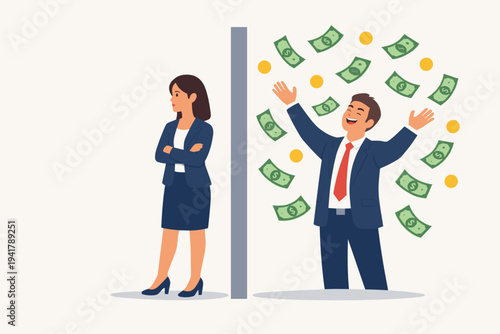 Gender Pay Gap Concept with Businesswoman Separated by Wall from Successful Businessman Celebrating under Money Rain, Inequality and Financial Disparity in Workplace Flat Vector Illustration.