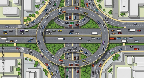Aerial View of a Complex Highway Interchange with Traffic.