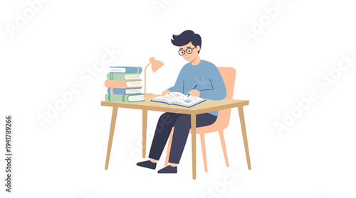 Student engaged in education sitting at desk with books in a studious environment