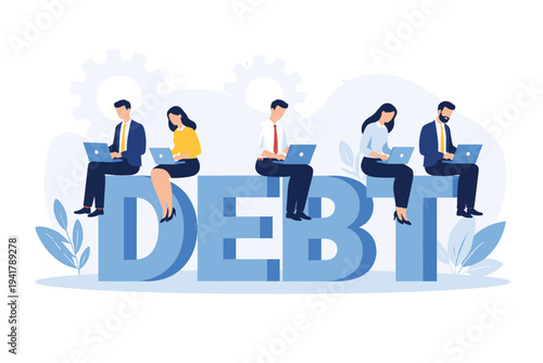 Business People Sitting on Large Word Debt and Working on Laptops. Vector Illustration Representing Financial Burden, Corporate Debt, Economic Crisis, Loan Management, and Bankruptcy Issues.