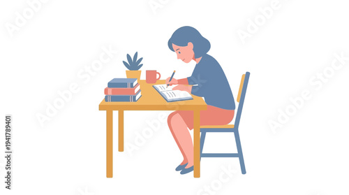 Flat vector illustration of a focused student diligently engaged in her education, writing notes at a desk with books, symbolizing academic dedication and continuous learning