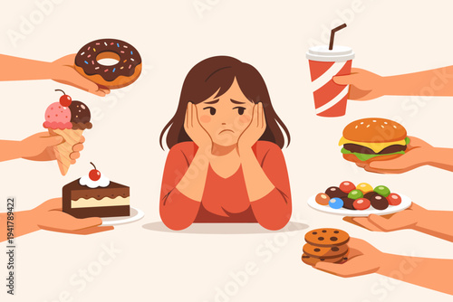 Sad Woman Resisting Unhealthy Junk Food and Sweets Offered by Many Hands, Concept of Food Addiction, Dieting Struggle, Emotional Eating, Sugar Cravings, Weight Loss and Healthy Lifestyle Vector
