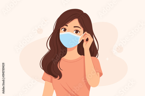Vector illustration of a young woman with long brown hair wearing a blue surgical face mask for protection against viruses and pollution. Simple flat design of a girl adjusting her medical mask.