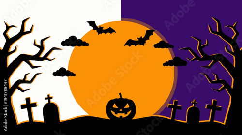 Spooky Halloween Night Illustration with Jack-o'-lantern Pumpkin, Cemetery Silhouette and Bats under Full Moon