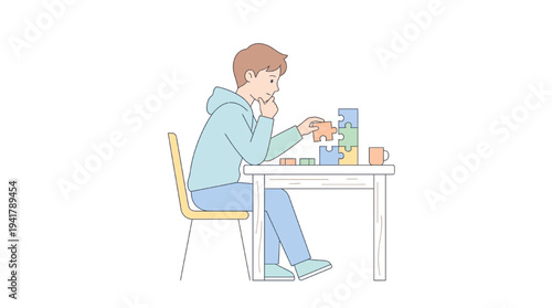 Flat vector illustration of a student studying and engaging in educational puzzle activities, promoting cognitive development and problem-solving skills