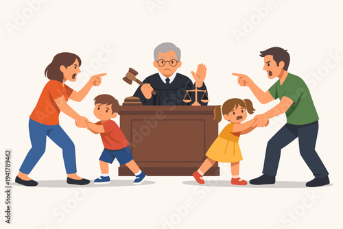 Vector illustration of a judge in court mediating between angry divorcing parents fighting over child custody while pulling on their sad children in a legal family law dispute and divorce battle.