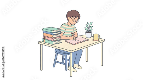 A young student diligently engaged in education, studying at a desk with books and a plant, beautifully rendered in a clean, modern flat vector illustration style