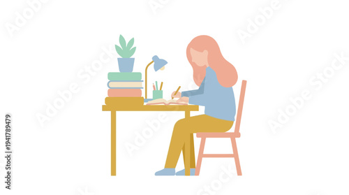 Flat vector illustration depicting a student engrossed in education, studying diligently at a desk with books and a lamp, perfect for educational content
