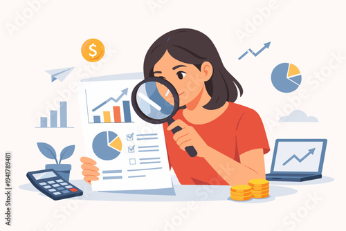 Young woman analyzing financial reports with a magnifying glass, flat vector illustration of a business professional auditing data, market research, investment planning, and accounting concept.