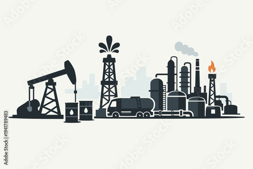 Flat vector illustration of a crude oil refinery and extraction site with an oil pump jack, derrick, tanker truck, storage barrels, and industrial processing plant against a city skyline.