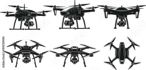 Vector illustration of six quadcopter drones with mounted cameras, shown from different angles, symbolizing aerial photography, videography, surveillance, and drone technology themes