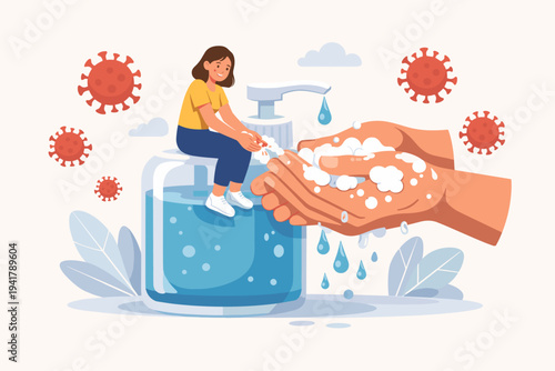 Woman Sitting on a Huge Hand Sanitizer Bottle Washing Her Hands for Protection Against Coronavirus COVID-19 Infection, Hygiene and Healthcare Concept Vector Illustration with Virus Particles.