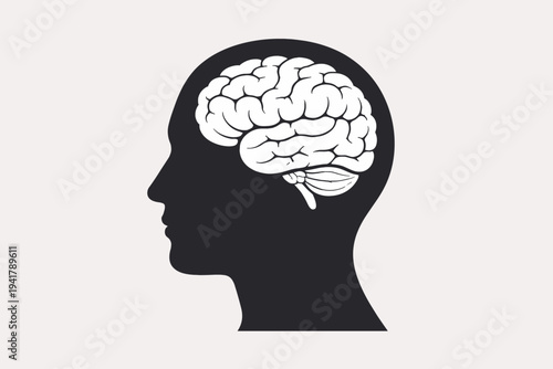 Vector Illustration of a Human Head Silhouette with a Detailed Brain Inside, Representing Intelligence, Psychology, Mental Health, Neurology, Cognitive Function, and Creative Thinking Processes