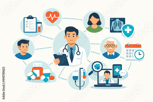 Healthcare Network Illustration Featuring a Doctor and Patients with Medical Icons for Diagnosis, Treatment, Telemedicine, Medicine, and Health Monitoring in a Simple Flat Vector Design.