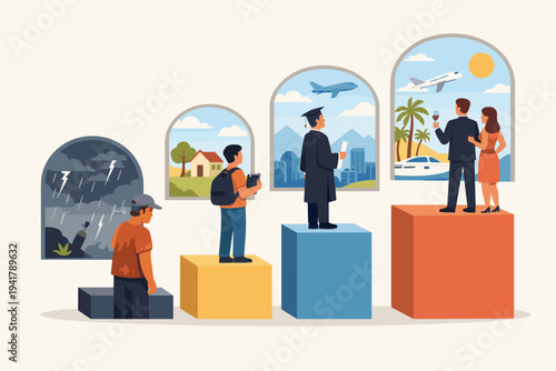 Conceptual Illustration of Social Mobility and Life Perception Based on Education and Wealth Levels Showing Different Perspectives from Poverty and Struggle to Success and Luxury Lifestyle