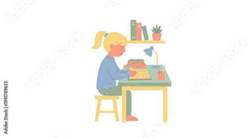 A charming flat vector illustration of a young student focused on her education, diligently studying at a desk with books and a lamp, symbolizing academic dedication