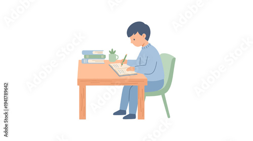 Flat vector illustration of a focused student diligently engaged in their education, studying and writing at a desk, symbolizing academic pursuit and knowledge acquisition