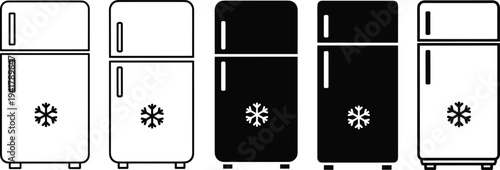 Modern refrigerator vector icon set featuring minimalist fridge freezer designs in outline and solid styles for kitchen appliance and cooling technology