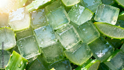 Translucent aloe vera gel cubes with fresh green leaf segments in a natural background