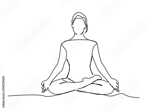 Continuous one line art of woman sitting in lotus pose yoga. Continuous one line drawing.