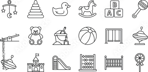 Black and white line art vector icon set of children toys and playground equipment including teddy bear, duck, castle, and alphabet blocks
