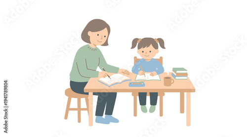 A comforting scene of a caring adult guiding a young student through their lessons, promoting positive early education and academic development for a brighter future