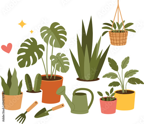 Colorful indoor houseplants collection with monstera snake plant and gardening tools in pots flat vector illustration on black background