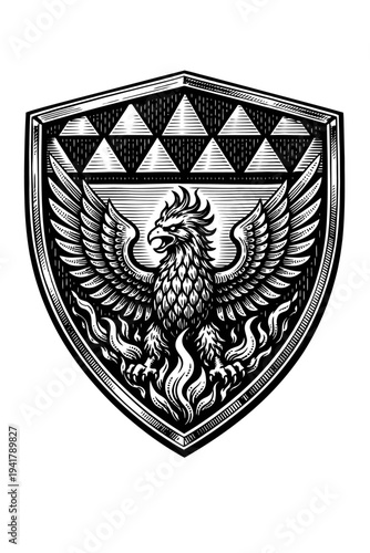 Majestic Phoenix Rising from Fiery Ashes within a Detailed Heraldic Shield Emblem. Vintage Engraved Woodcut Style Artwork, Symbolizing Rebirth, Power, and Immortality. Striking Black and White Illustr