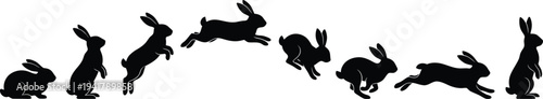Rabbit silhouettes jumping animals motion vector illustration set, easter bunny.
